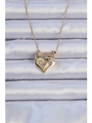 316L Çelik Zincir Altın Renk Zirkon Taşlı Mıknatıslı Kalp Kolye