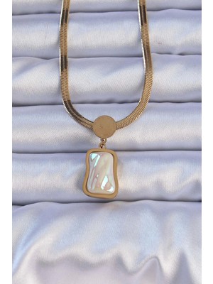 316L Çelik Gold Renk Italyan Zincir Ezme Taşlı Kolye