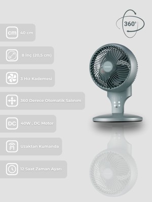 8'' 360 Derece Salınımlı Uzaktan Kumandalı Dokunmatik Ekran 40 cm Zaman Ayarlı Masaüstü Vantilatör