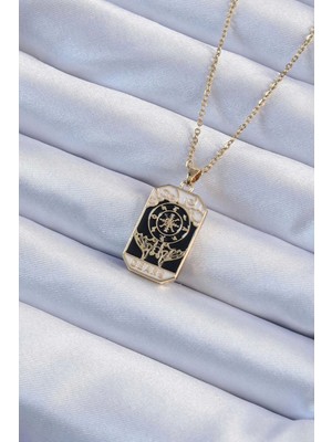 316L Çelik Zincir Altın Renk Işlemeli Siyah Mineli Tarot Kolye