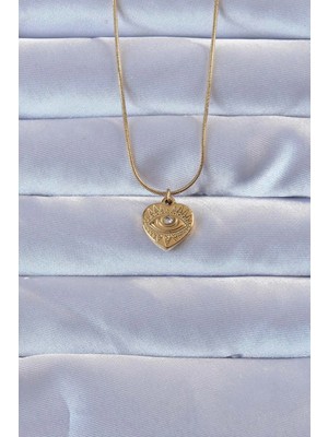 316L Altın Renk Zirkon Taşlı Işlemeli Göz Detay Kalp Kolye