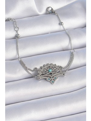 316L Çelik Gümüş Renk Mavi Taşlı Etnik Desen Kadın Bileklik