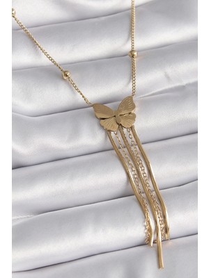 316L Çelik Gold Renk Kelebek Figür Sallantı Italyan Zincirli Kadın Kolye