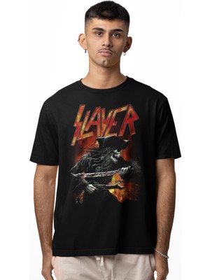 Fuddy Moda Oversize Rock Band Slayer Baskılı T-Shirt, Unisex Rock-Metal Müzik Baskılı Tişört