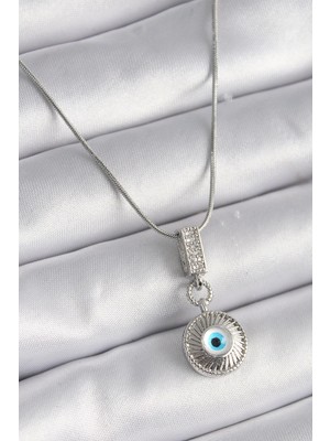 316L Çelik Gümüş Renk Zirkon Taşlı Nazar Boncuk Model Kadın Kolye