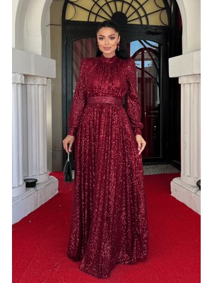 Pul Tül Payet Kumaş Büzgü Detaylı Kiloş Elbise - Bordo