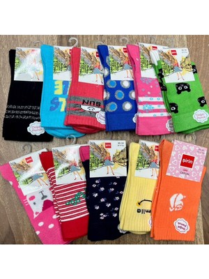 Desenli Renkli Likralı Kız Çocuk Çorap (12 Adet) 2-11 Yaş Arası Bedenli