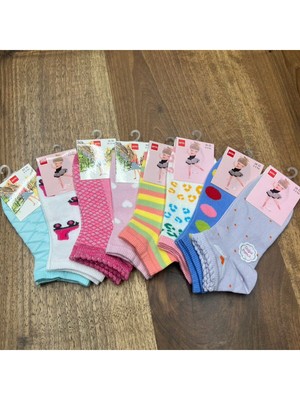 Desenli Renkli Pamuk Kız Çocuk Patik Çorap (12 Adet) 2 Ile 11 Yaş Arası Bedenlerde.