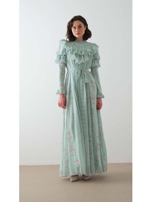 Ön Robası ve Kolları Kabarık Elbise Mavi