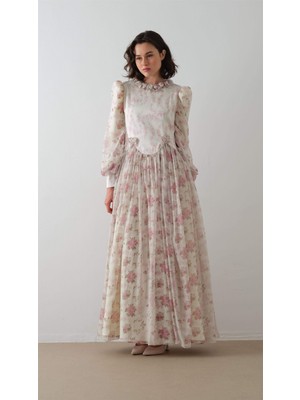 Üst Bedeni Saten Eteği Şifon  Elbise Ekru