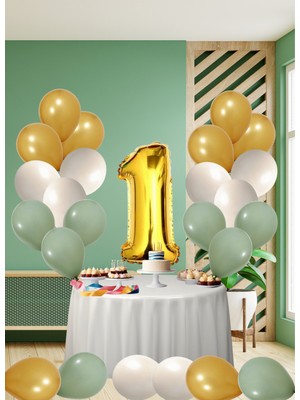 1 Yaş Küf Yeşili Temalı Doğom Günü Seti Metalik Gold Kum Beji Küf Yeşili Balonlar Gold Folyo Rakam