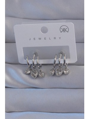 Sinerji Shop Pirinç Gümüş Renk Zirkon Taşlı Kalp Model Çoklu Görünüm Yarım Halka Küpe - TJ-BKP9143