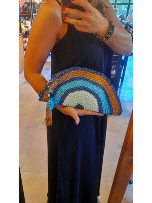 Mavi Kenarlı Nazar Boncuklu El Yapımı D Model Clutch Çanta (Astarlı)