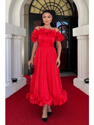 Şifon Kumaş Volan Detaylı Midi Elbise - Kırmızı
