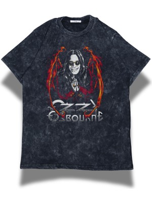 Unisex Ozzy Osbourne Baskılı Yıkamalı Tişört, Oversize Rock-Metal Baskılı Eskitme T-Shirt