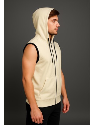 Erkek Krem Fermuarlı Kapüşonlu Kanguru Cepli Kolsuz Yelek-Y1142