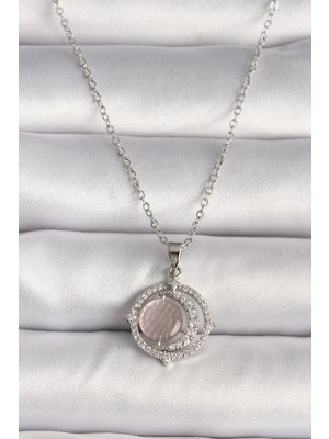 316L Çelik Gümüş Renk Zirkon Taşlı Pembe Sedefli Hilal Model Kadın Kolye