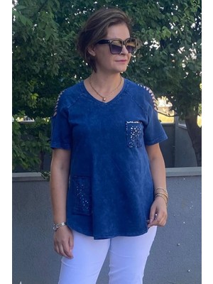 Büyük Beden Lacivert Omuz Dekolte Pamuklu Tshirt