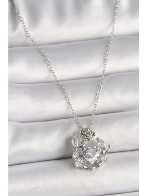 316L Çelik Gümüş Renk Zincir Zirkon Taşlı Kalp Figür Gül Detay Kadın Kolye