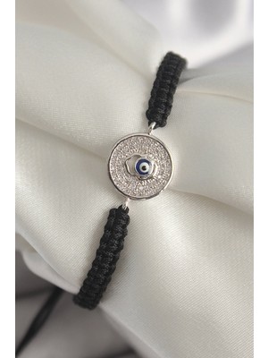 Pirinç Gümüş Renk Zirkon Taşlı Nazar Boncuk Işleme Makrome Asansörlü Model Kadın Bileklik