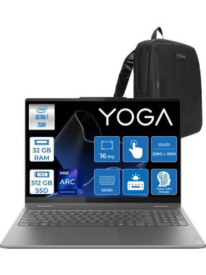Lenovo Yoga 7 2-In-1 16ILL10 Intel Core Ultra 7 258V 32GB 512GB SSD Freedos Intel Arc 140V OLED 500NITS 16" Wqxga+ (2880X1800) 120HZ Dokunmatik Y83JT0018TRF01 + Lenovo Yoga Kalem + Zetta Çanta
