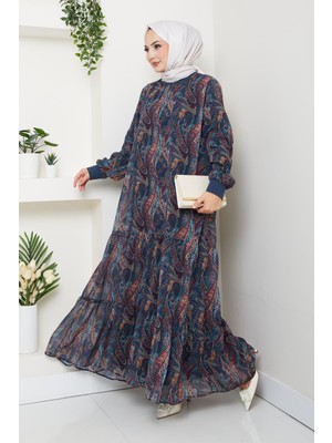 Harma Time Butik Kadın Astarlı Lacivert Şifon Şal Desen Elbise