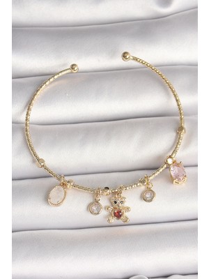 Pirinç Gold Renk Sallantı Zirkon Taşlı Ayıcık Figür Kırmızı Kalp Detay Charm Kadın Bileklik