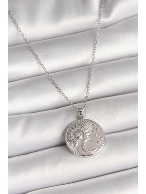 316L Çelik Gümüş Renk Zincir Zirkon Taşlı Ay Güneş Işlemeli Madalyon Model Kadın Kolye
