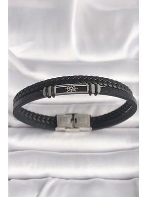 316L Çelik Gümüş Renk Gemi Dümeni Figür Siyah Burgu Deri Kordon Model Erkek Bileklik