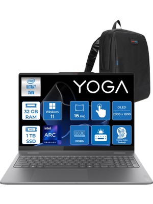 Lenovo Yoga 7 2-In-1 16ILL10 Intel Core Ultra 7 258V 32GB 1tb SSD Windows 11 Home Intel Arc 140V OLED 500NITS 16" Wqxga+ (2880X1800) 120HZ Dokunmatik Y83JT0018TRH02 + Lenovo Yoga Kalem + Zetta Çanta
