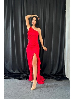 Tiana Kırmızı Volanlı Saten Abiye