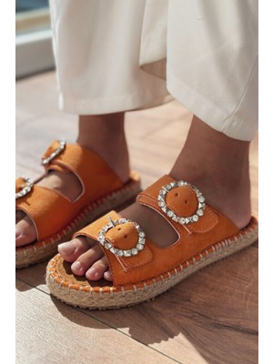Cosin Süet Taş Detaylı Kadın Terlik Turuncu