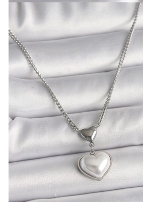 316L Çelik Gümüş Renk Zincir 3D Kalp Model Kadın Kolye
