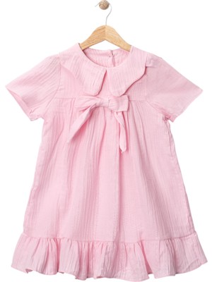 Müslin Pamuk Fiyonklu Elbise Pembe
