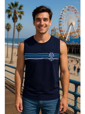 Erkek %100 Pamuk Bisiklet Yaka Çapa Baskılı Kolsuz T-Shirt