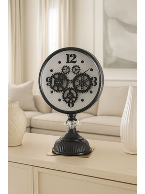 Dekoratif Masa Üstü Saat, Metal Çarklı Masa Saati, Modern Ayaklı Saat Mat Siyah 25cm x 15cm