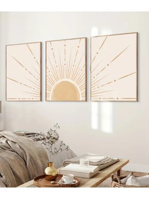 Mc Home Art Doğal Ahşap Çerçeveli Uv Baskı 3'lü Soyut Güneş Desenli Tablo Seti – Modern & Şık Duvar Dekoru