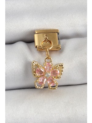 316L Çelik Sallantılı Zirkon Taşlı Çiçek Figürlü Kelebek Model Gold Renk Nomination Charm