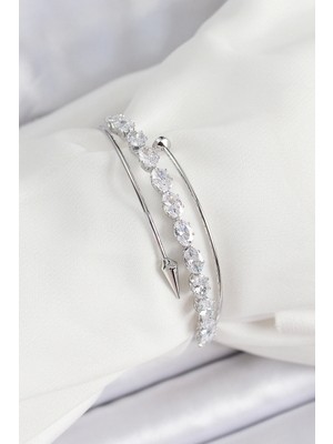 Pirinç Gümüş Renk Arpa Zirkon Taşlı Kadın Bileklik