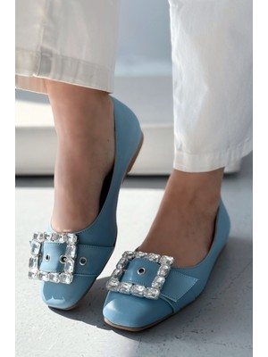 Woned Mat Deri Mavi Taş Detaylı Kadın Babet