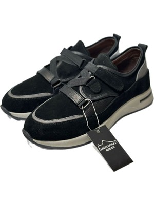 Gerçek Deri Siyah Cırtlı Lastikli Spor Ayakkabı Rahat Ortopedik Sneaker