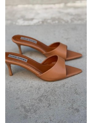 Yonspe Mat Deri Ince Topuklu Terlik Taba