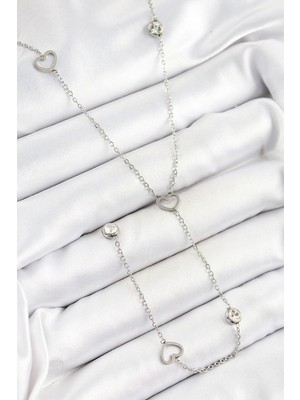 316L Çelik Zirkon Taşlı Kalp Figürlü Y Model Gümüş Renk Kadın Kolye