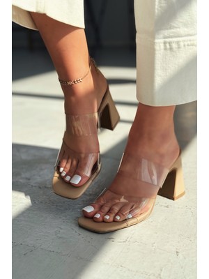 Powent Mat Deri Şeffaf Bant Detaylı Terlik Nude