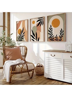 Mc Home Art Doğal Ahşap Çerçeveli Uv Baskı 3'lü Soyut Desenli Tablo Seti – Modern & Şık Duvar Dekoru