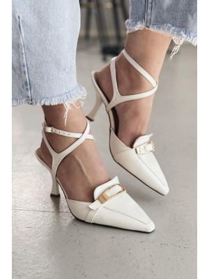 Vorno Parlak Deri Toka Detaylı Beyaz Stiletto