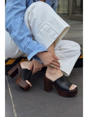 Rinaxsa Mat Deri Siyah Platform Topuklu Kadın Terlik