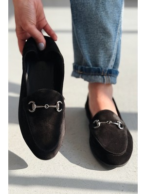 Palvora Hakiki Süet Toka Detaylı Kadın Loafer Siyah