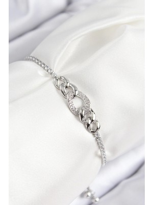 Pirinç Zirkon Taşlı Zincir Model Gümüş Renk Asansörlü Kadın Bileklik