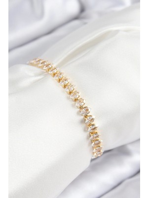 Pirinç Zirkon Taşlı Damla Model Gold Renk Asansörlü Kadın Bileklik